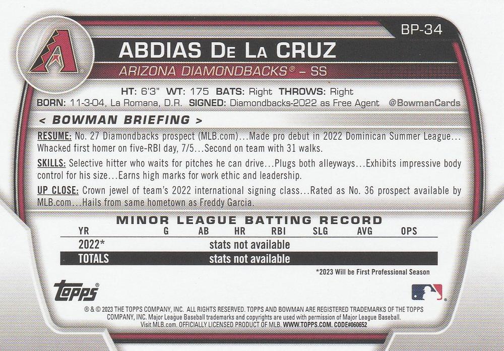 2023 Bowman Prospects 1st Bowman Abdias De La Cruz FBC BP-34 Arizona Diamondbacks