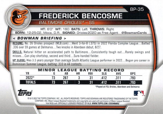 2023 Bowman Prospects 1st Bowman Frederick Bencosme FBC BP-35 Baltimore Orioles
