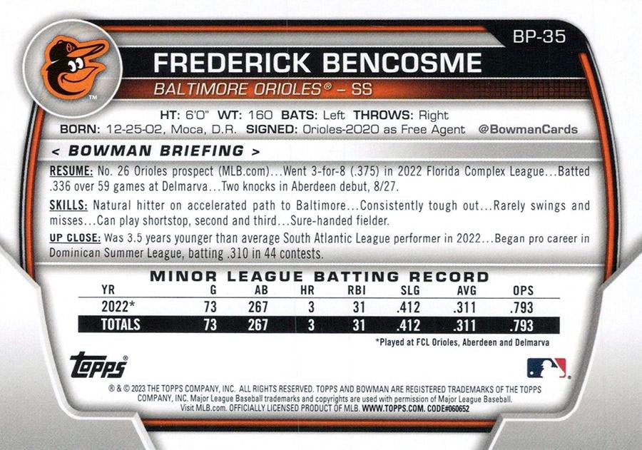 2023 Bowman Prospects 1st Bowman Frederick Bencosme FBC BP-35 Baltimore Orioles