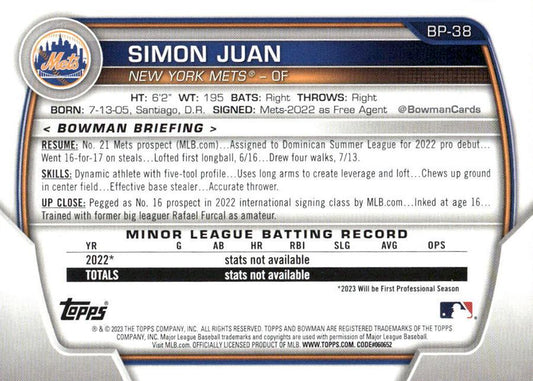 2023 Bowman Prospects Simon Juan BP-38 New York Mets