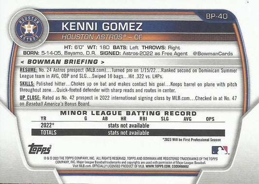 2023 Bowman Prospects 1st Bowman Kenni Gomez FBC BP-40 Houston Astros