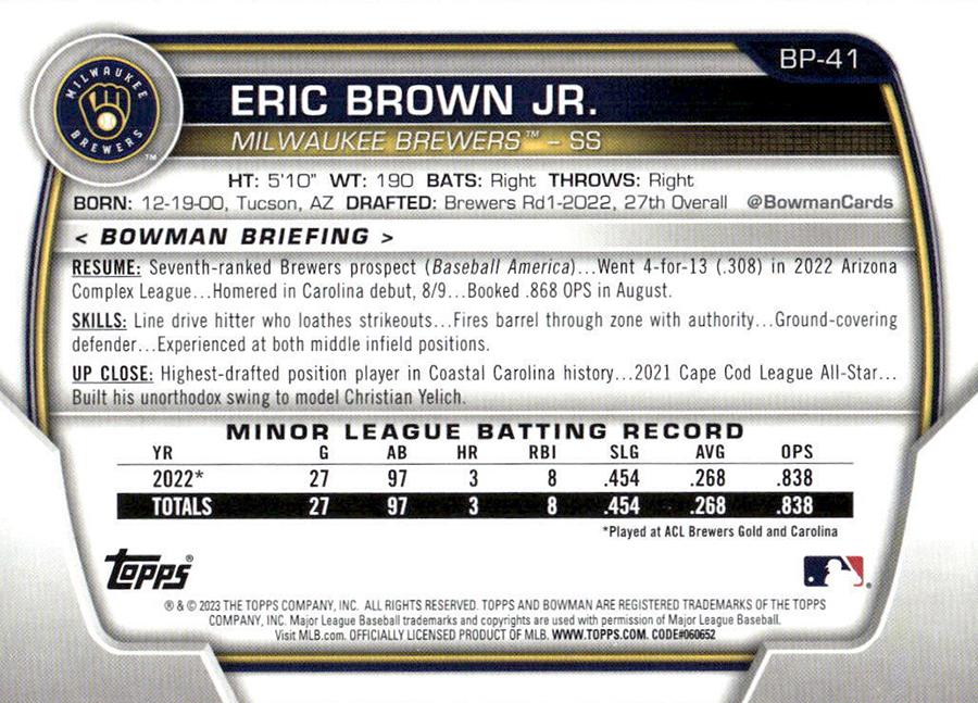 2023 Bowman Prospects Eric Brown Jr. BP-41 Milwaukee Brewers