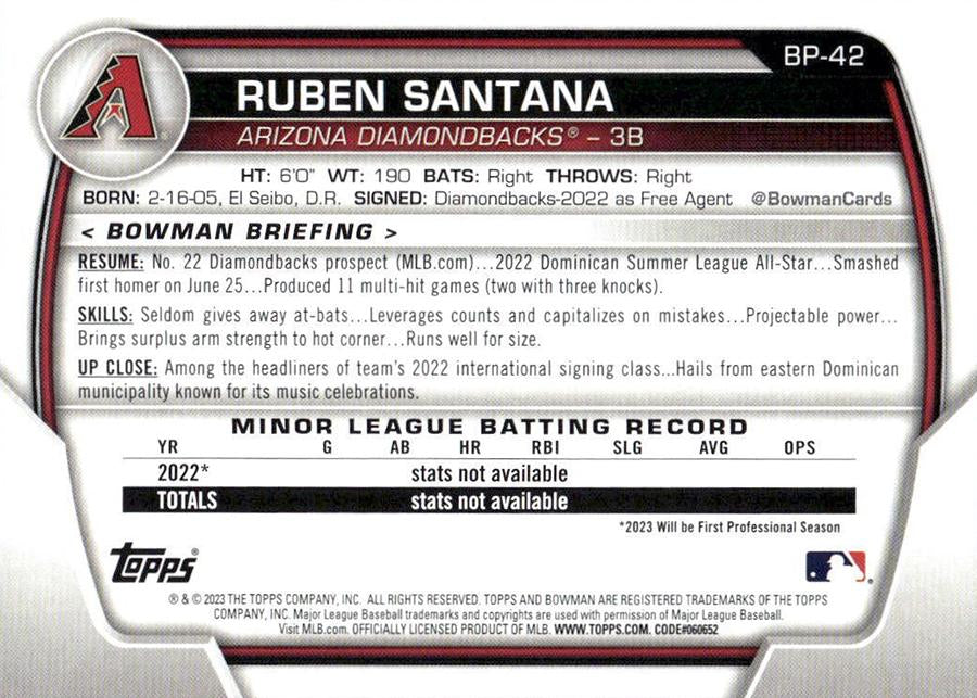 2023 Bowman Prospects 1st Bowman Ruben Santana FBC BP-42 Arizona Diamondbacks