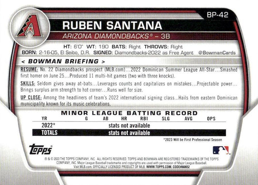 2023 Bowman Prospects 1st Bowman Ruben Santana FBC BP-42 Arizona Diamondbacks