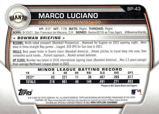 2023 Bowman Prospects Marco Luciano BP-43 San Francisco Giants
