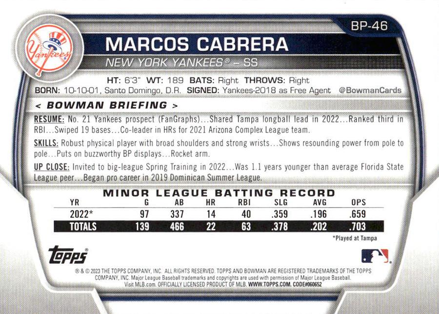 2023 Bowman Prospects 1st Bowman Marcos Cabrera FBC BP-46 New York Yankees