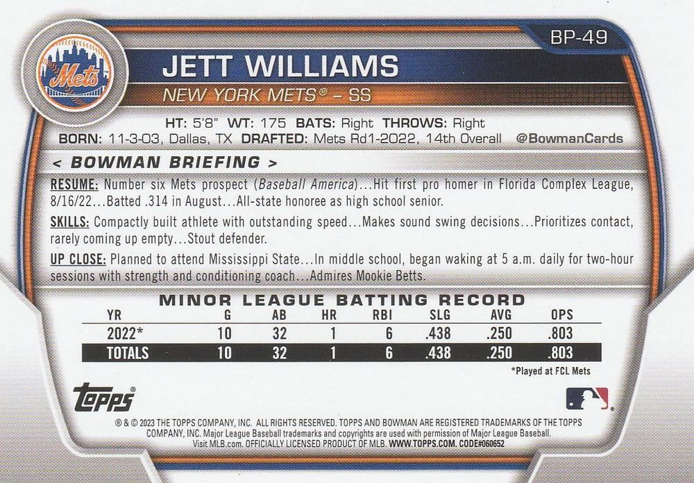 2023 Bowman Prospects Jett Williams BP-49 New York Mets
