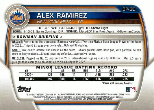 2023 Bowman Prospects Alex Ramirez BP-50 New York Mets