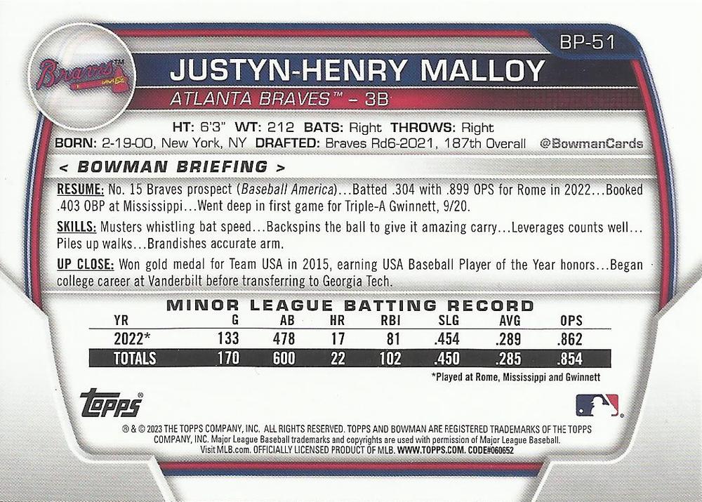 2023 Bowman Prospects 1st Bowman Justyn-Henry Malloy FBC BP-51 Atlanta Braves