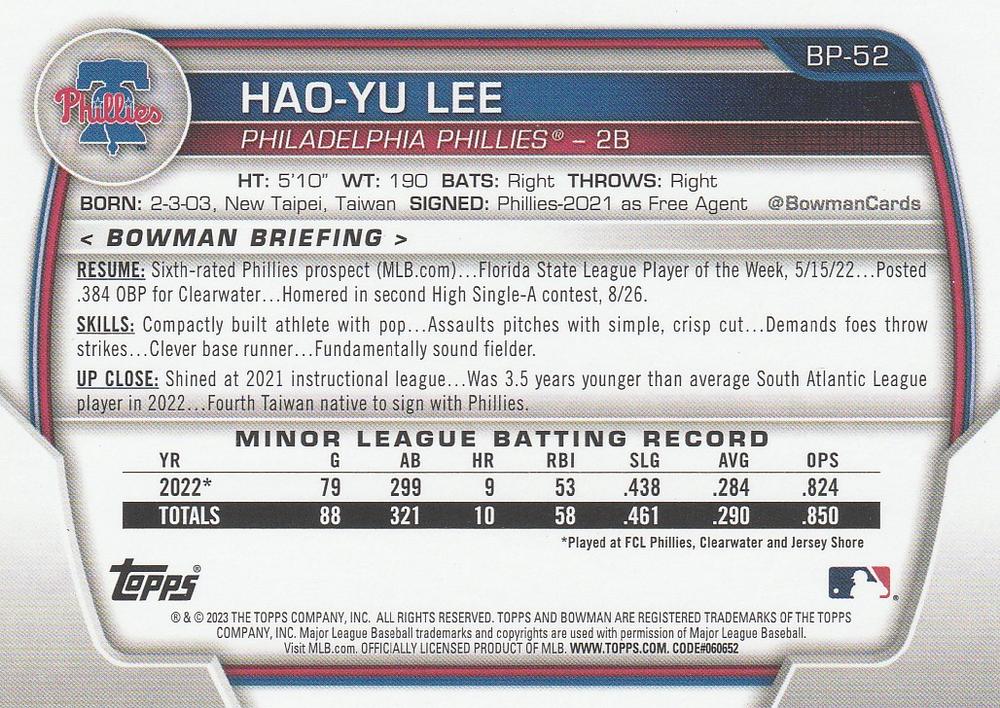 2023 Bowman Prospects 1st Bowman Hao-Yu Lee FBC BP-52 Philadelphia Phillies