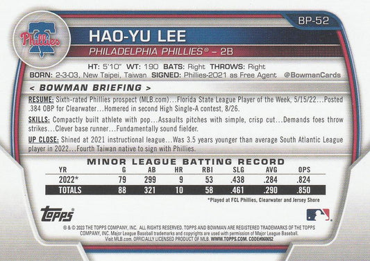 2023 Bowman Prospects 1st Bowman Hao-Yu Lee FBC BP-52 Philadelphia Phillies