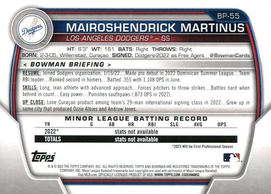 2023 Bowman Prospects 1st Bowman Mairoshendrick Martinus FBC BP-55 Los Angeles Dodgers