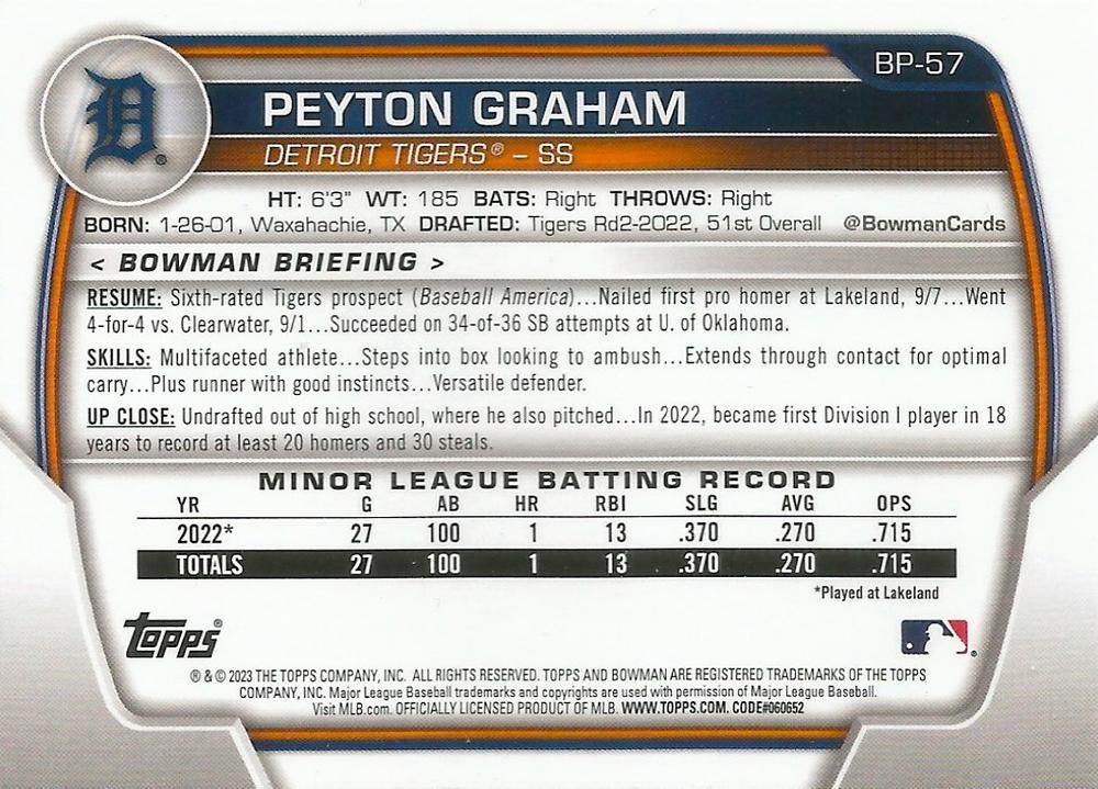 2023 Bowman Prospects 1st Bowman Peyton Graham FBC BP-57 Detroit Tigers