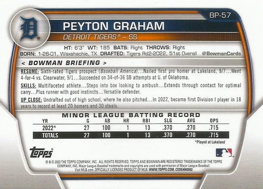 2023 Bowman Prospects 1st Bowman Peyton Graham FBC BP-57 Detroit Tigers