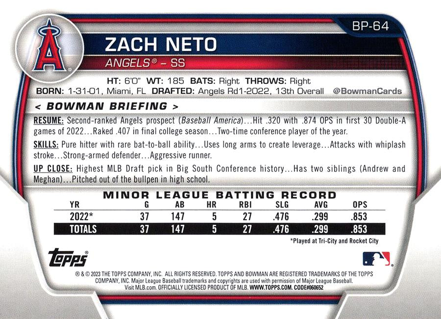 2023 Bowman Prospects Zach Neto BP-64 Angels