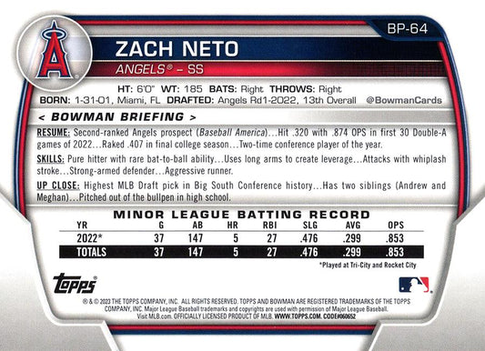 2023 Bowman Prospects Zach Neto BP-64 Angels