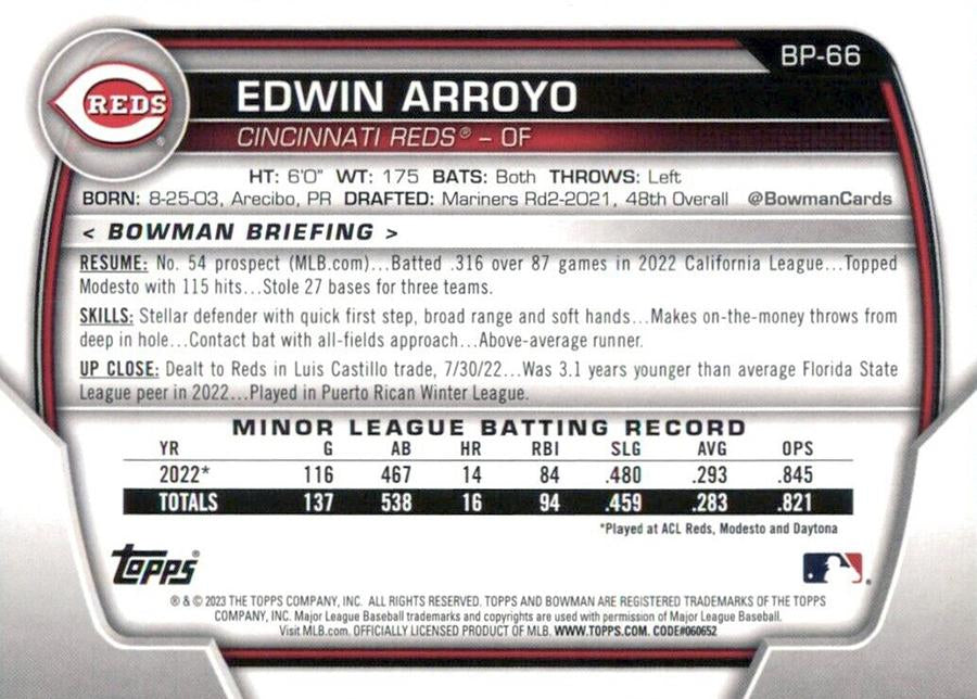 2023 Bowman Prospects Edwin Arroyo BP-66 Cincinnati Reds