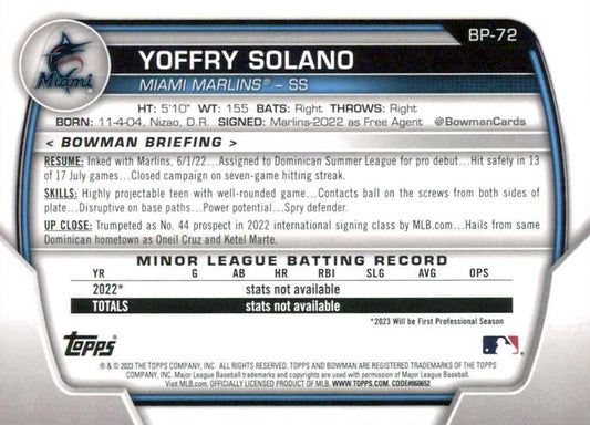 2023 Bowman Prospects 1st Bowman Yoffry Solano FBC BP-72 Miami Marlins