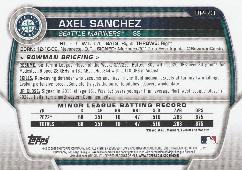 2023 Bowman Prospects 1st Bowman Axel Sanchez FBC BP-73 Seattle Mariners