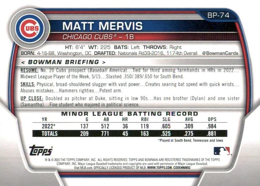 2023 Bowman Prospects 1st Bowman Matt Mervis FBC BP-74 Chicago Cubs