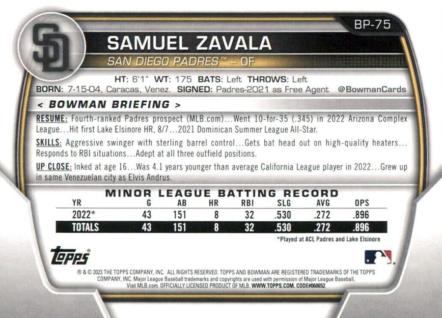 2023 Bowman Prospects Samuel Zavala BP-75 San Diego Padres