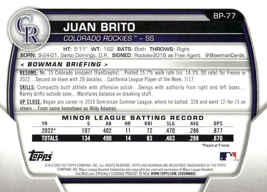 2023 Bowman Prospects 1st Bowman Juan Brito FBC BP-77 Colorado Rockies