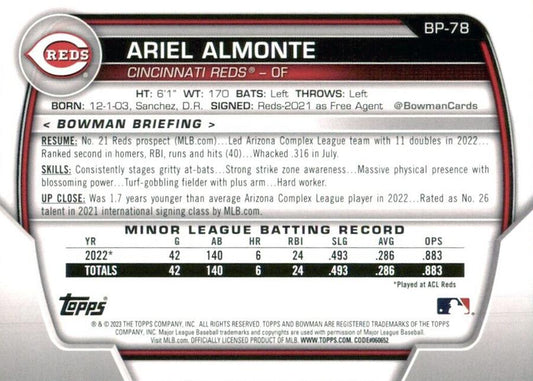 2023 Bowman Prospects 1st Bowman Ariel Almonte FBC BP-78 Cincinnati Reds