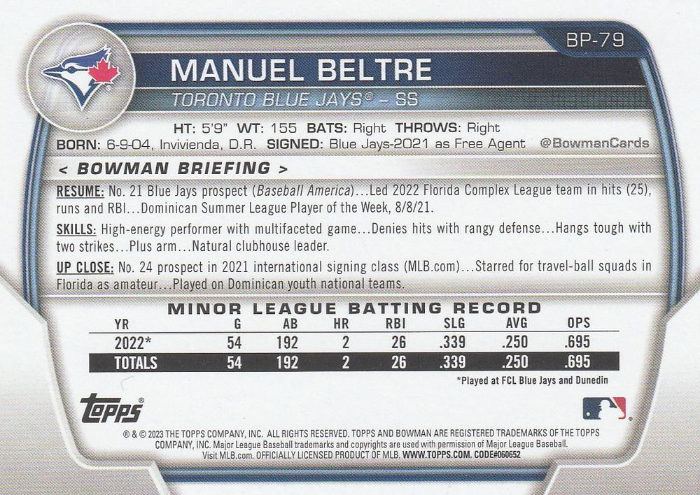 2023 Bowman Prospects Manuel Beltre BP-79 Toronto Blue Jays