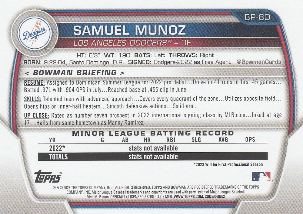 2023 Bowman Prospects Samuel Munoz BP-80 Los Angeles Dodgers