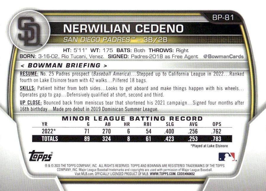 2023 Bowman Prospects 1st Bowman Nerwilian Cedeno FBC BP-81 San Diego Padres