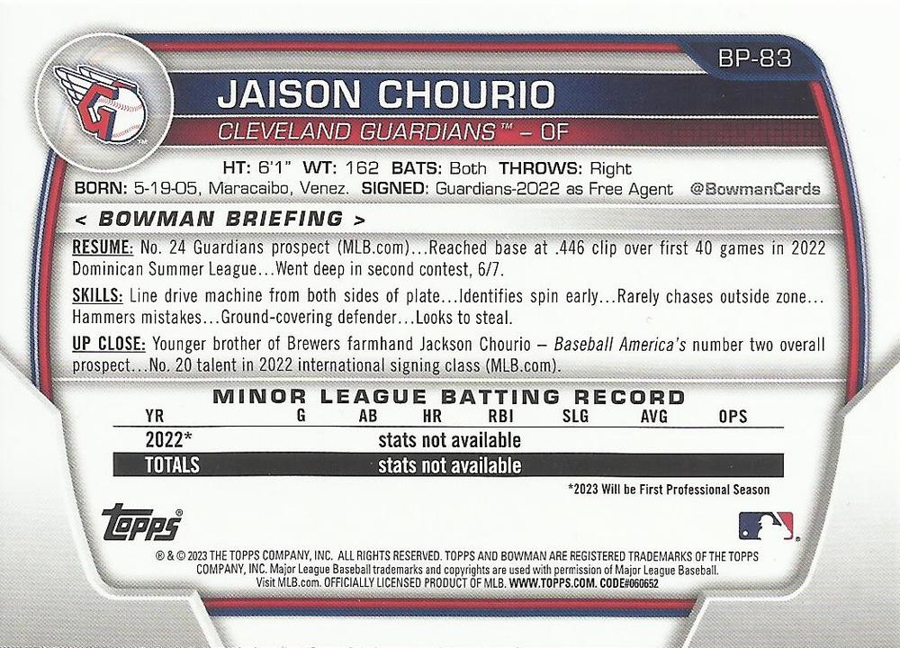 2023 Bowman Prospects 1st Bowman Jaison Chourio FBC BP-83 Cleveland Guardians