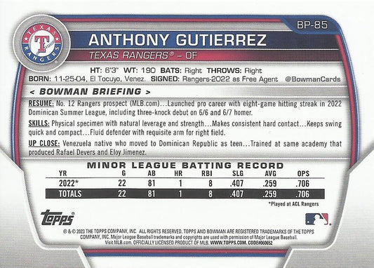 2023 Bowman Prospects Anthony Gutierrez BP-85 Texas Rangers