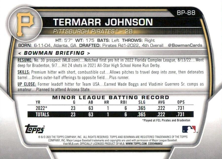 2023 Bowman Prospects Termarr Johnson BP-88 Pittsburgh Pirates