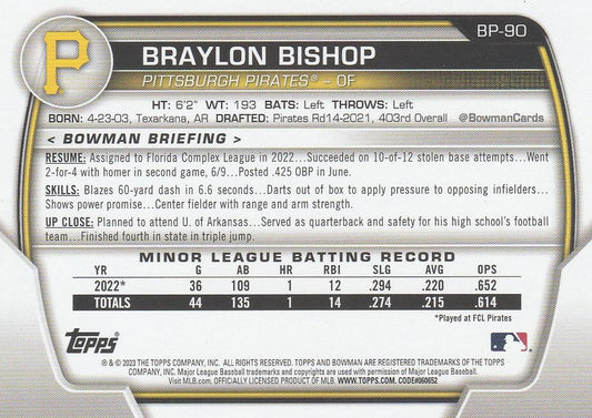 2023 Bowman Prospects 1st Bowman Braylon Bishop FBC BP-90 Pittsburgh Pirates