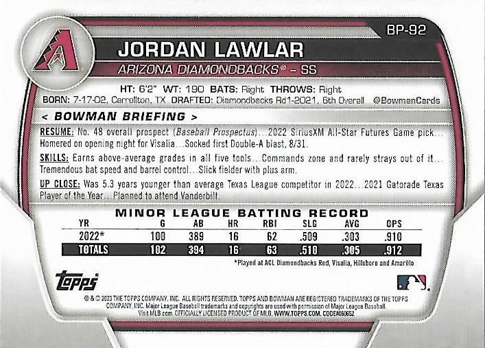 2023 Bowman Prospects Jordan Lawlar BP-92 Arizona Diamondbacks