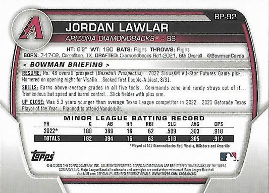 2023 Bowman Prospects Jordan Lawlar BP-92 Arizona Diamondbacks