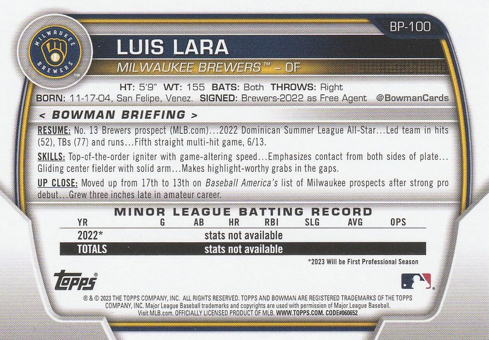 2023 Bowman Prospects 1st Bowman Luis Lara FBC BP-100 Milwaukee Brewers