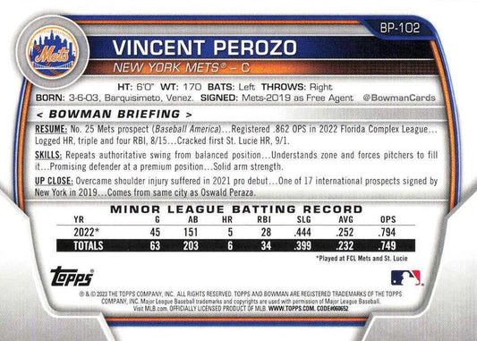 2023 Bowman Prospects 1st Bowman Vincent Perozo FBC BP-102 New York Mets