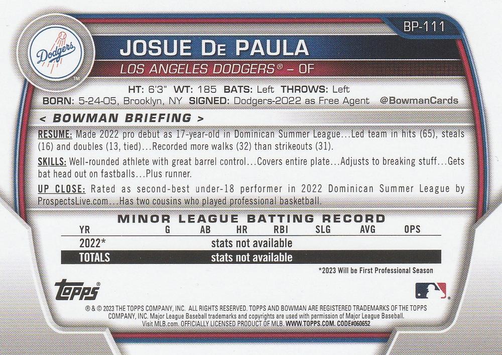 2023 Bowman Prospects 1st Bowman Josue De Paula FBC BP-111 Los Angeles Dodgers