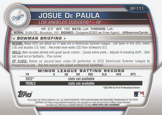 2023 Bowman Prospects 1st Bowman Josue De Paula FBC BP-111 Los Angeles Dodgers