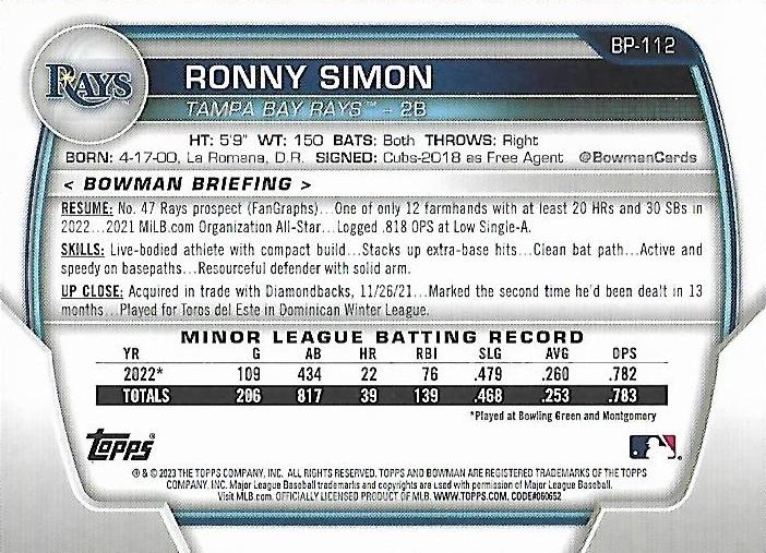 2023 Bowman Prospects 1st Bowman Ronny Simon FBC BP-112 Tampa Bay Rays