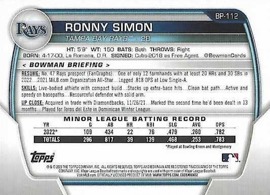 2023 Bowman Prospects 1st Bowman Ronny Simon FBC BP-112 Tampa Bay Rays