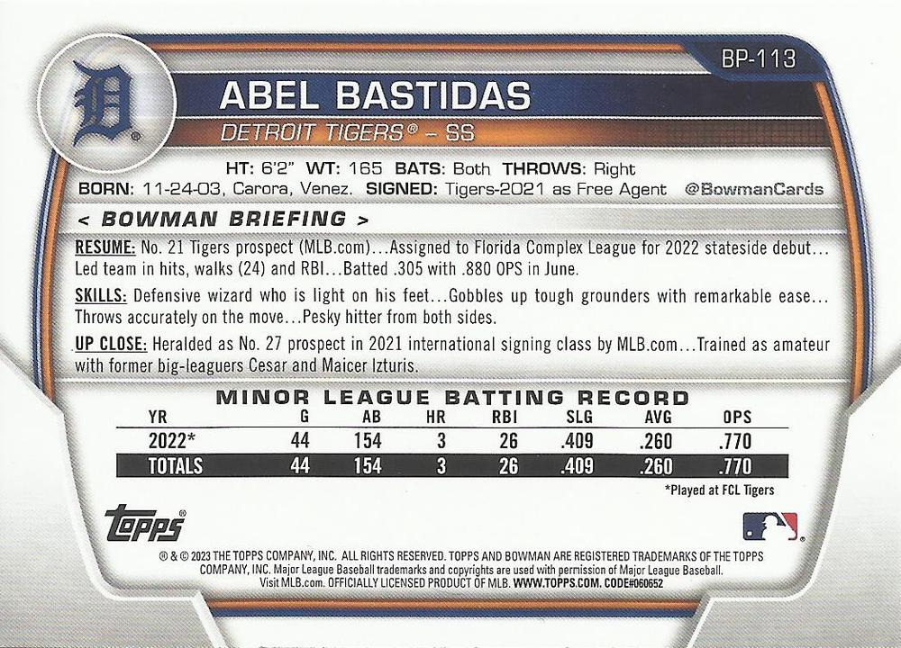 2023 Bowman Prospects 1st Bowman Abel Bastidas FBC BP-113 Detroit Tigers