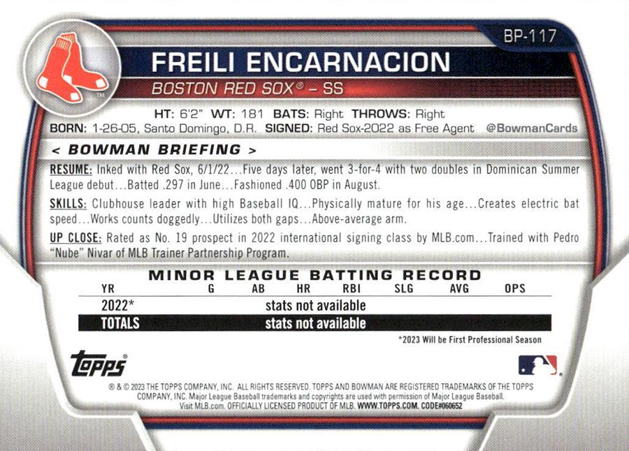 2023 Bowman Prospects 1st Bowman Freili Encarnacion FBC BP-117 Boston Red Sox