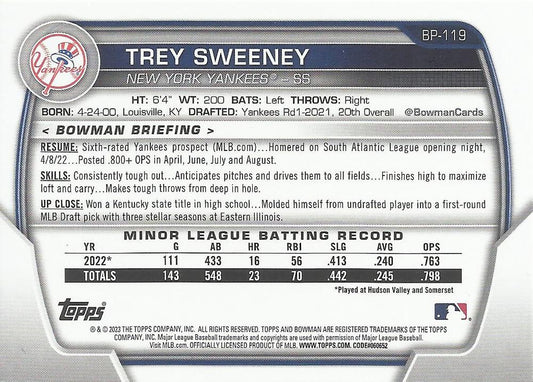 2023 Bowman Prospects Trey Sweeney BP-119 New York Yankees