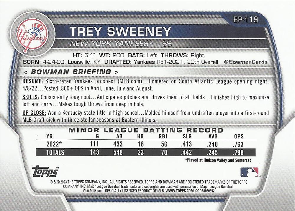 2023 Bowman Prospects Trey Sweeney BP-119 New York Yankees