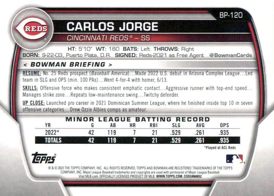 2023 Bowman Prospects 1st Bowman Carlos Jorge FBC BP-120 Cincinnati Reds