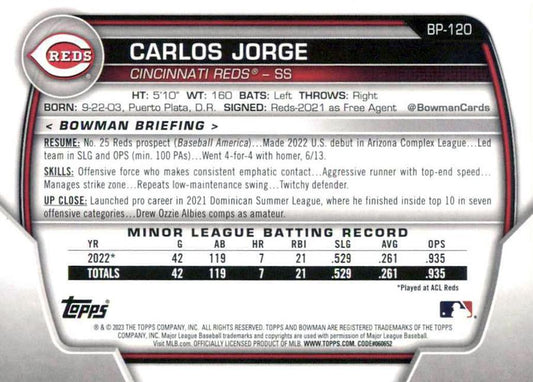 2023 Bowman Prospects 1st Bowman Carlos Jorge FBC BP-120 Cincinnati Reds