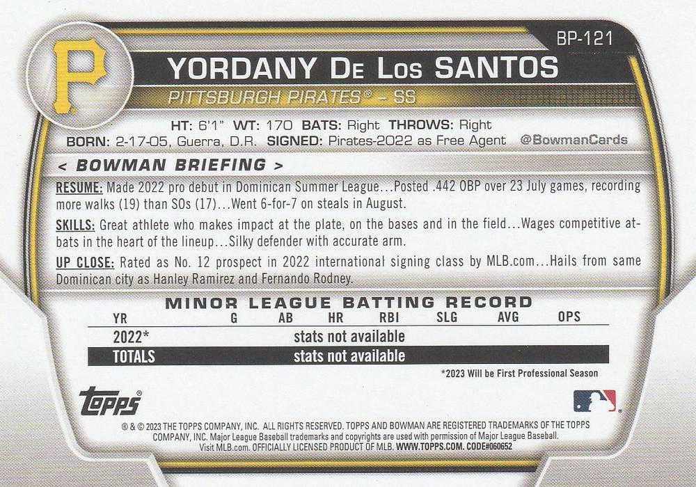 2023 Bowman Prospects Yordany De Los Santos BP-121 Pittsburgh Pirates