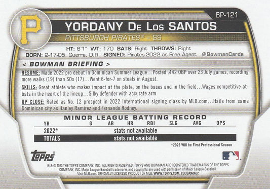 2023 Bowman Prospects Yordany De Los Santos BP-121 Pittsburgh Pirates